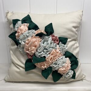 Floral Throw Pillow 3D Flowers Beaded Edge White Pink Blue Green Decorative Bed